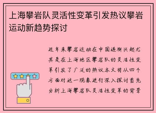上海攀岩队灵活性变革引发热议攀岩运动新趋势探讨